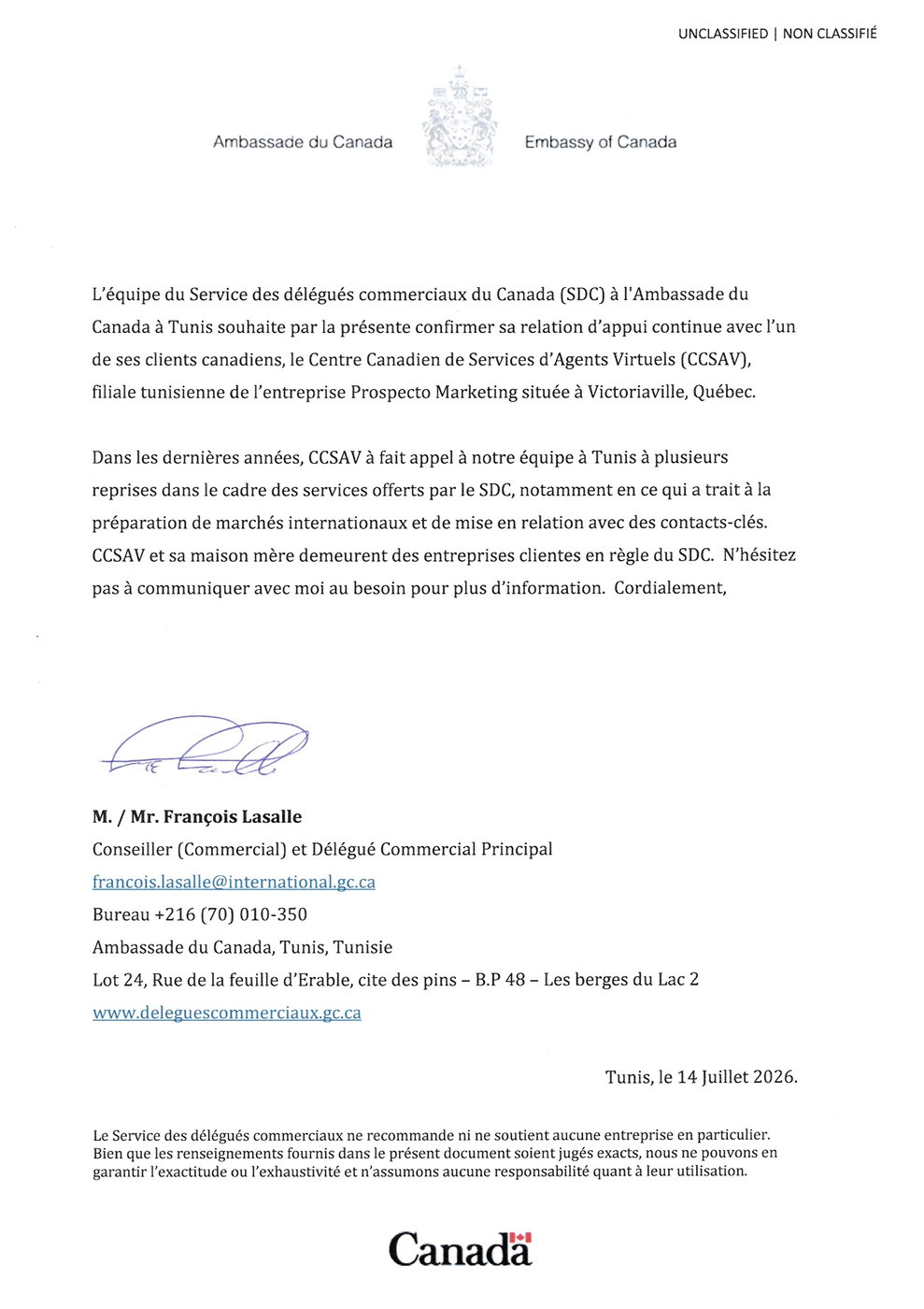 Lettre d'appui du Service des délégués commerciaux du Canada, Ambassade du Canada à Tunis